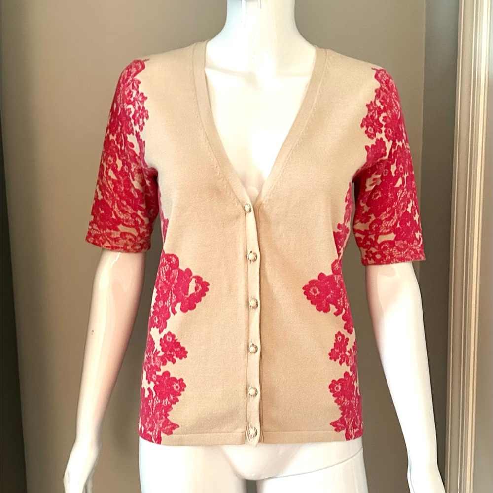 NY&CO Beige Cardigan Pink Lace Accents Sz S New York & Co NWT